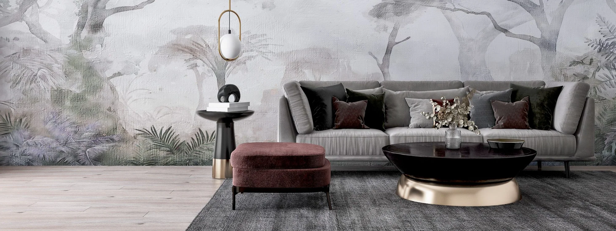 A room with a full-wall mural printed behind the furniture